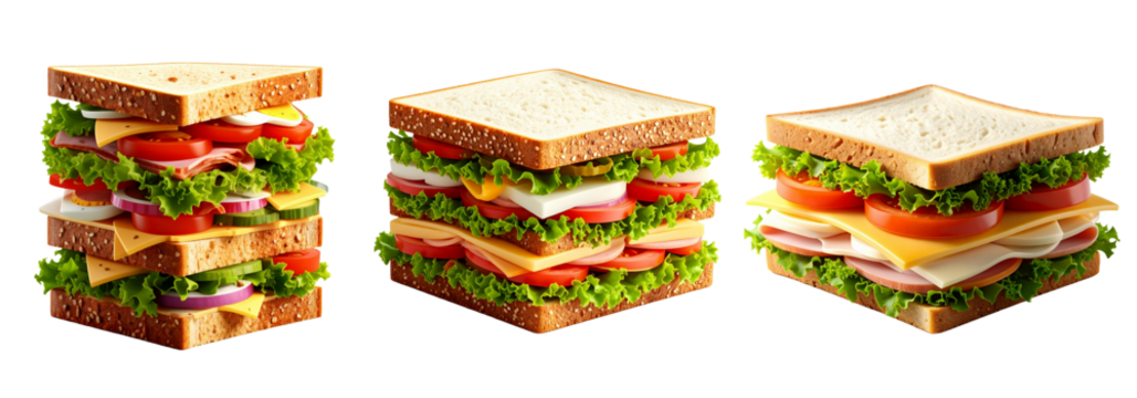 Sandwich 3d set collection with ham, cheese, tomatoes and salad, egg, corner sandwich, realistic 3d.