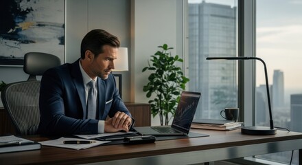 Plakat Businessman focused on laptop, city view