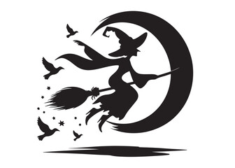 flying witch logo silhouette vector, witch on broom logo vector silhouette illustration, flying witch silhouette design, halloween flying witch on broom logo silhouette vector on white background