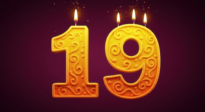 Stylized gold "19" numbers with lit candles float on a rich purple background with sparkling glitter - Powered by Adobe