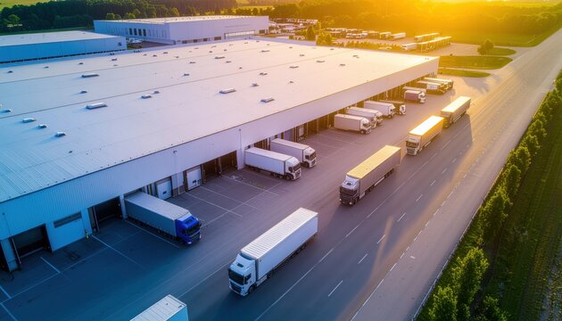 Aerial view of semi trucks loading at a large distribution warehouse during sunset.  Efficient logistics and transportation.