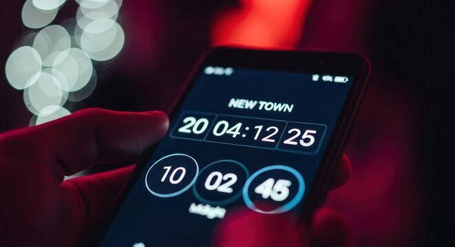 Close-up of a smartphone displaying a countdown timer, with blurred lights in the background