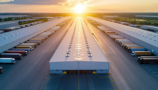 Aerial view of a large distribution center at sunset, numerous trucks parked, efficient logistics concept.