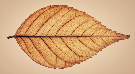 Obraz premium Translucent, brown, oval-shaped leaf with intricate veins, displayed on a neutral background