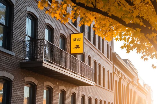 A Charming Brick Building with Autumnal Ambiance and a Stylish Sign
