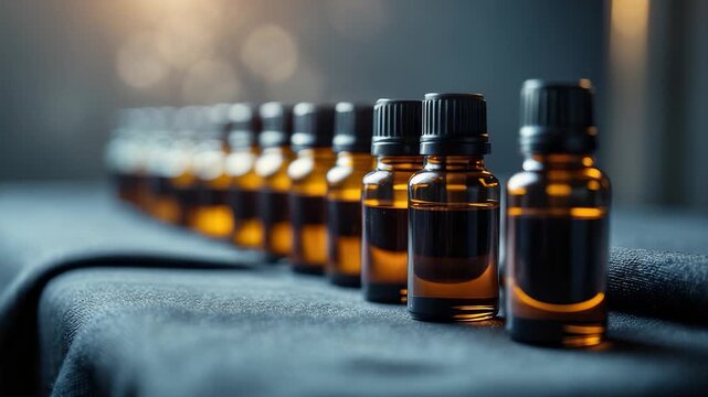 Row of amber glass dropper bottles with black caps arranged neatly on dark fabric surface under soft light in apothecary style setting