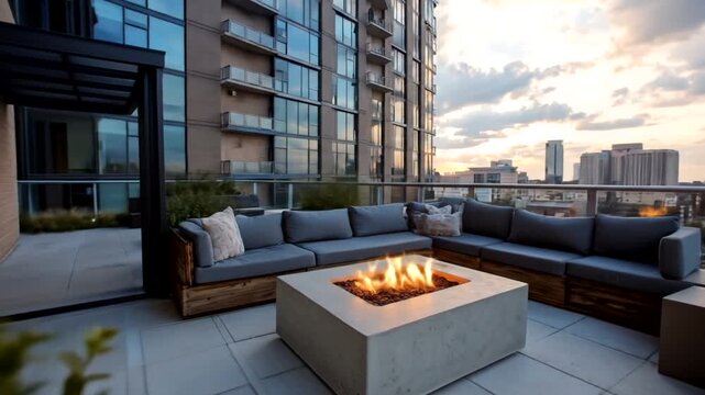 A rooftop patio with modern furnishings, a fire pit, and a city view.