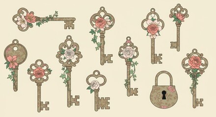 Ornate skeleton keys and padlock adorned with roses and ivy on a light background