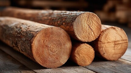 A collection of freshly cut wooden logs stacked on a rustic wooden surface. The image showcases the natural textures and patterns of the wood.
