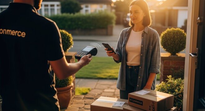 Delivery person hands contactless payment device to customer at the doorstep