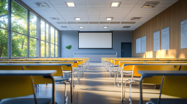 Modern university classroom empty of both students and faculty