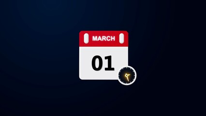 01 march Daily Calendar Icon. A simple modern flat design illustration of a tear off calendar page showing,  clock 4k illustration round clock showing time Realistic calendar and clock .