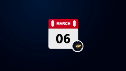 06 march Daily Calendar Icon. A simple modern flat design illustration of a tear off calendar page showing,  clock 4k illustration round clock showing time Realistic calendar and clock .