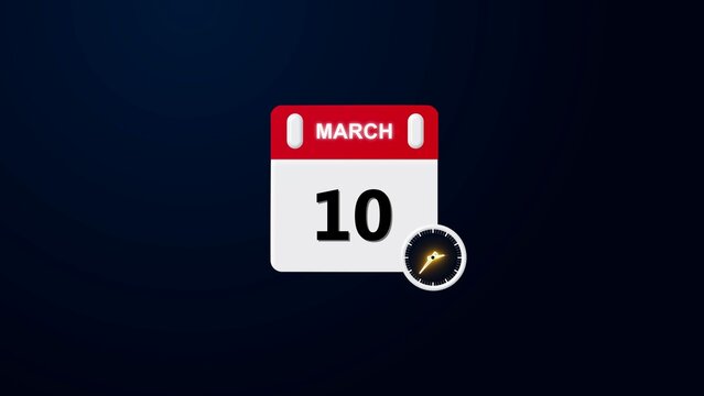 10 march Daily Calendar Icon. A simple modern flat design illustration of a tear off calendar page showing,  clock 4k illustration round clock showing time Realistic calendar and clock .