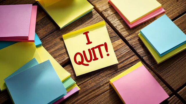 Colorful sticky notes scattered on wooden desk with one note reading I Quit in bold red letters for announcement