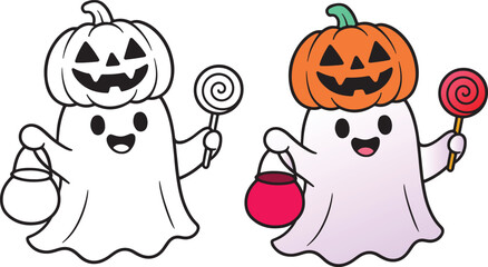 Cute Halloween ghost with a pumpkin head holding candy and a bucket. Fun and spooky illustration perfect for kids’ coloring pages, decorations, and festive Halloween clipart projects.