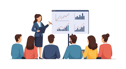 Obraz premium A businesswoman presents financial data and growth charts to a diverse group of colleagues during a business meeting, fostering collaboration and strategic planning.