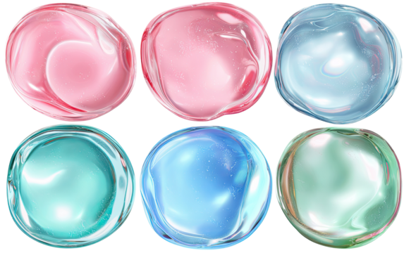 Abstract, rounded, liquid-like shapes in pastel colors.  Six circles,  smooth, fluid textures,  shimmering,  translucent,  displaying a variety of pastel shades - Powered by Adobe