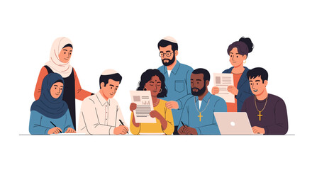 Diverse group of people from different religions and ethnicities collaborating on a project, fostering inclusivity and understanding in a modern workspace.