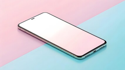 Modern smartphone with blank screen on pastel pink and blue background