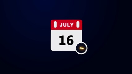 Illustration of paper calendar with date 16 July, 16 July Calendar Icon.