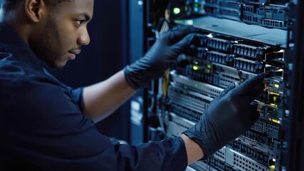 IT technician expertly managing server hardware in data center for optimal performance - Powered by Adobe
