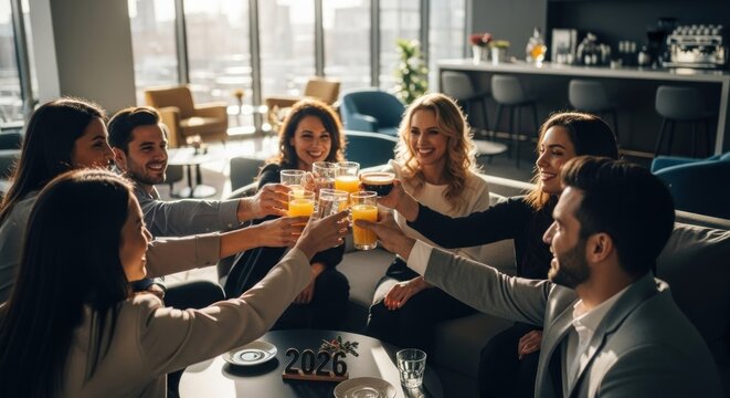Group of diverse business professionals toasting with drinks in a modern office lounge