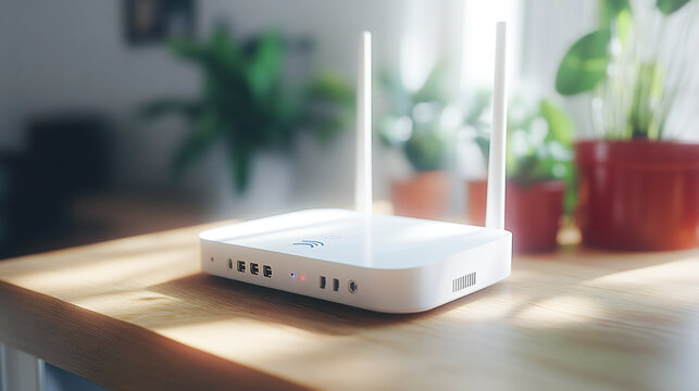 New white Wi-Fi router on wooden table indoors