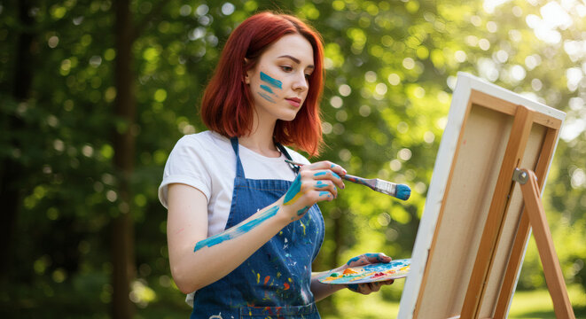 Woman Painter Creates Art Outdoors in Nature