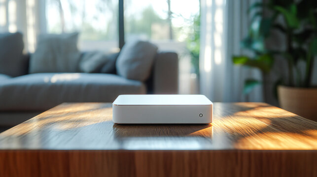 New white Wi-Fi router on wooden table indoors