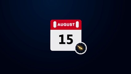 August 15 Calendar Icon, Realistic calendar and clock composition 4k illustration. Scheduled date and time planner design.