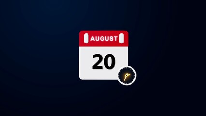 August 20 Calendar Icon, Realistic calendar and clock composition 4k illustration. Scheduled date and time planner design.