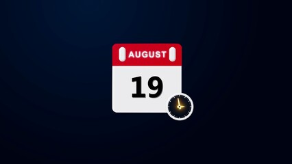 August 19 Calendar Icon, Realistic calendar and clock composition 4k illustration. Scheduled date and time planner design.