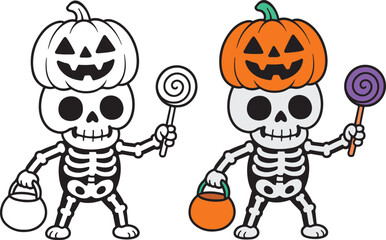 Cute Halloween skeleton character with a pumpkin head, holding candy and a lollipop. Perfect for coloring pages, spooky crafts, and festive decorations for kids and Halloween parties.