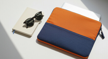 Still life featuring a laptop case, notebook, and sunglasses on a white surface top
