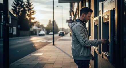 Man using ATM outdoors, golden hour light