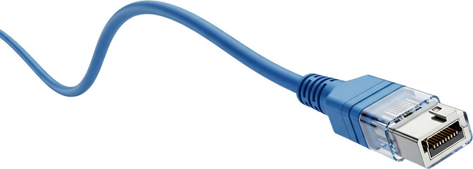 Close up of a blue network ethernet cable with a clear connector and metal pins isolated on black network cable transparent background