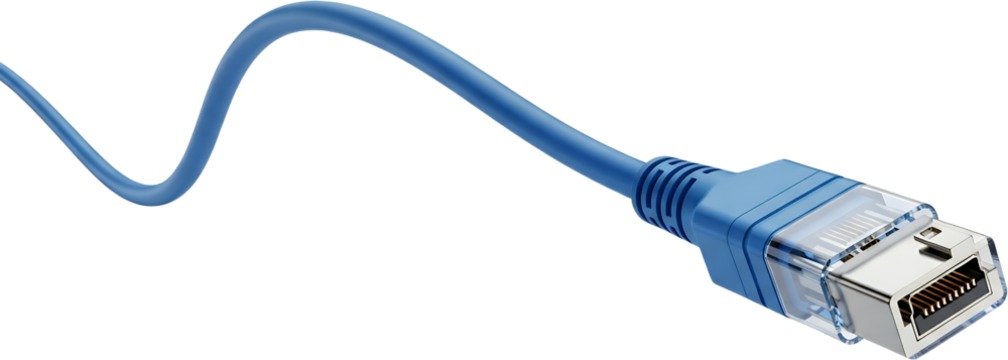 Close up of a blue network ethernet cable with a clear connector and metal pins isolated on black network cable transparent background
