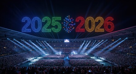 Massive crowd at a stadium, lit by colorful projections of 2025 and 2026 numbers