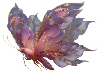 Exquisite ethereal butterfly with delicate petal wings and golden accents isolated on transparent background