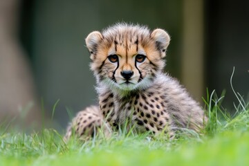 Obraz premium Cheetah Cub Resting on Green Grass with Intense Gaze