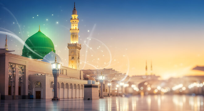 Festive Milad Un Nabi Mubarak Islamic background with mosque Madina crescent moon lanterns and decorative stars