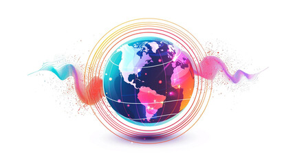 Creative globe emitting radio waves, modern flat design, World Radio Day theme, isolated on white background, editable vector, vibrant colors, minimal style