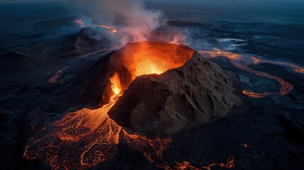 Black molten lava river from volcanic peak creating deep burning pit in Iceland. Aerial view of extreme geology for environmental education.