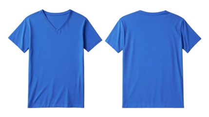 Plain Blue V-neck T-shirt mockup featuring front and back views, perfect for design presentations, customization, and branding on a transparent background