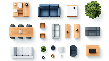 Office Furniture Top View Vector Elements Set. Kit for a workspace, apartment, house, or office plan. Interior icon collection. Plant, table, chair, and sofa. Symbol for the project or interior design