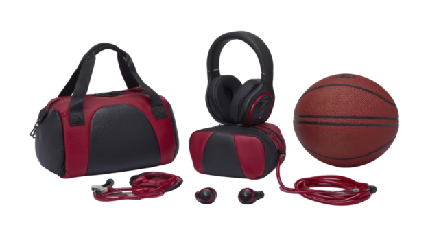 Stylish Sports Accessories Including Headphones, Earbuds, Bag, and Basketball in Red and Black Color Scheme