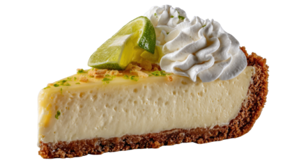 Delicious Key Lime Pie Slice with Whipped Cream and Lime Garnish on a White Background