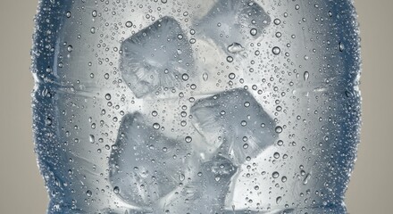 Close-up reveals a transparent container holding ice cubes, droplets condense on its surface, reflecting light. Background is a soft neutral tone