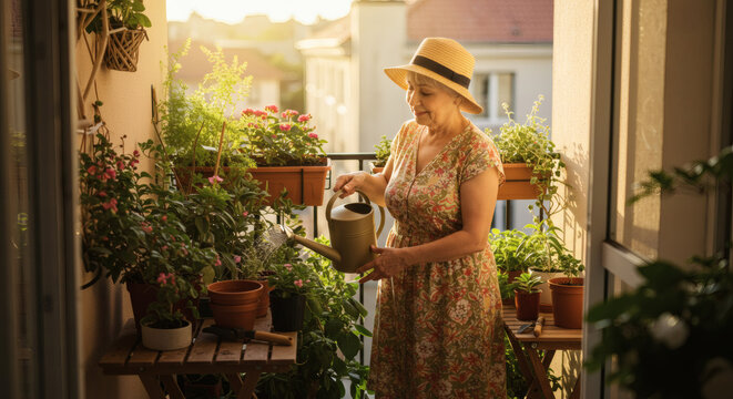 Cheerful senior woman in a straw hat watering blooming plants in her urban balcony garden during sunset